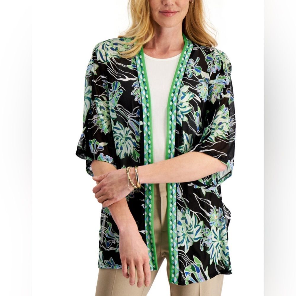 JM Collection bloom delight black green blue floral mesh cardigan size large NWT